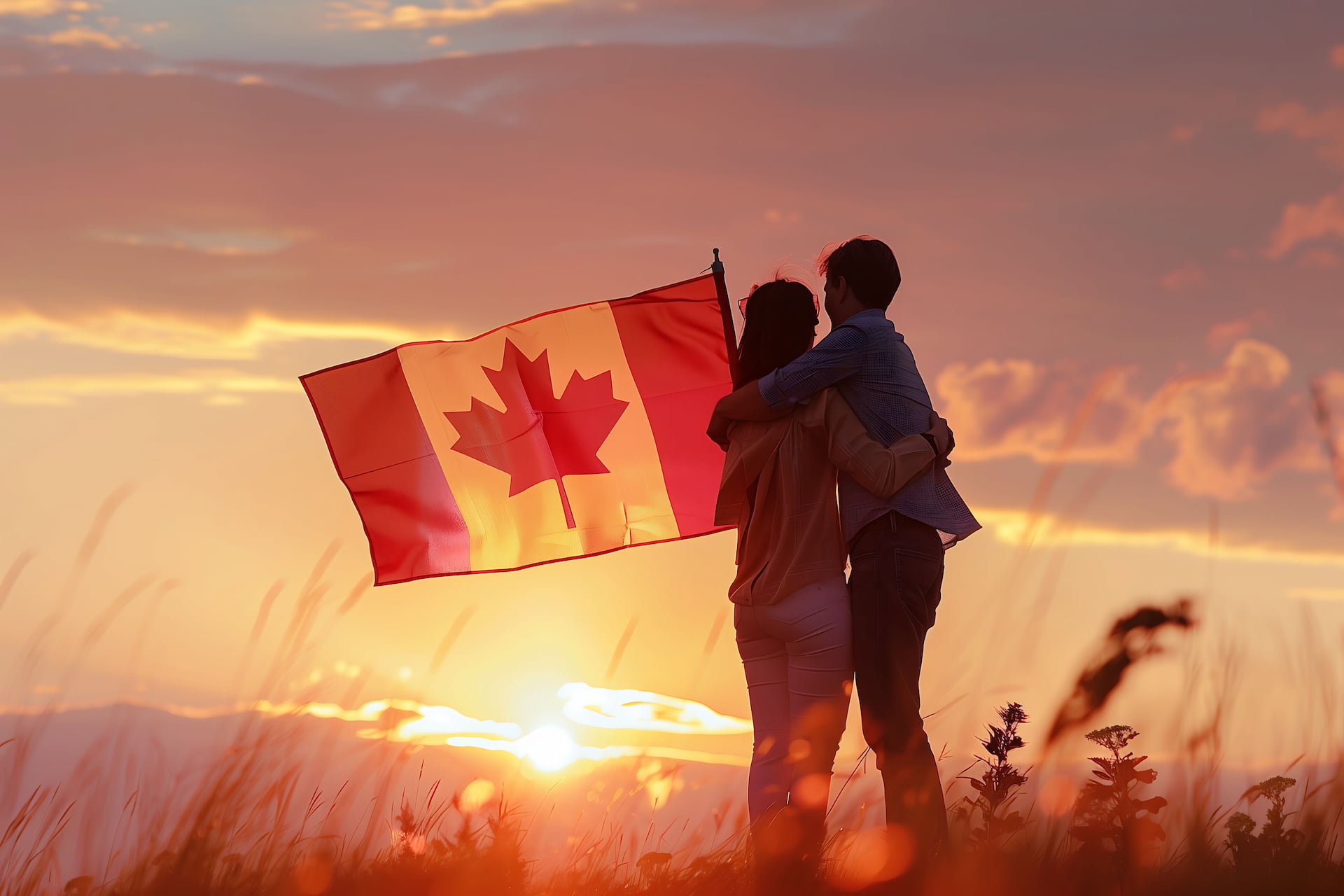 A permanent resident couple embraces in a field with a Canadian flag at sunset.