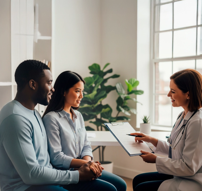 Couple speaking with physician during immigration medical exam for spouse sponsorship.