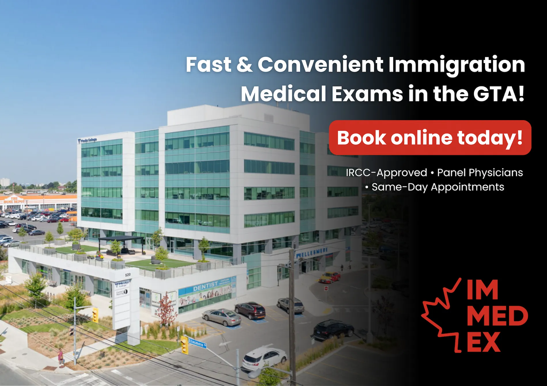 IMMEDEX office building offering fast, convenient, IRCC-approved immigration medical exams in the GTA. Book online for same-day appointments.