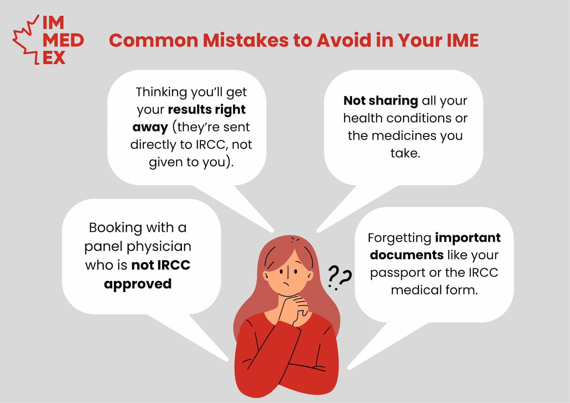 "Common Mistakes to Avoid in Your IME." Four thought bubbles describe common mistakes: expecting immediate results, not sharing all health conditions, booking with a non-IRCC-approved physician, and forgetting important documents.