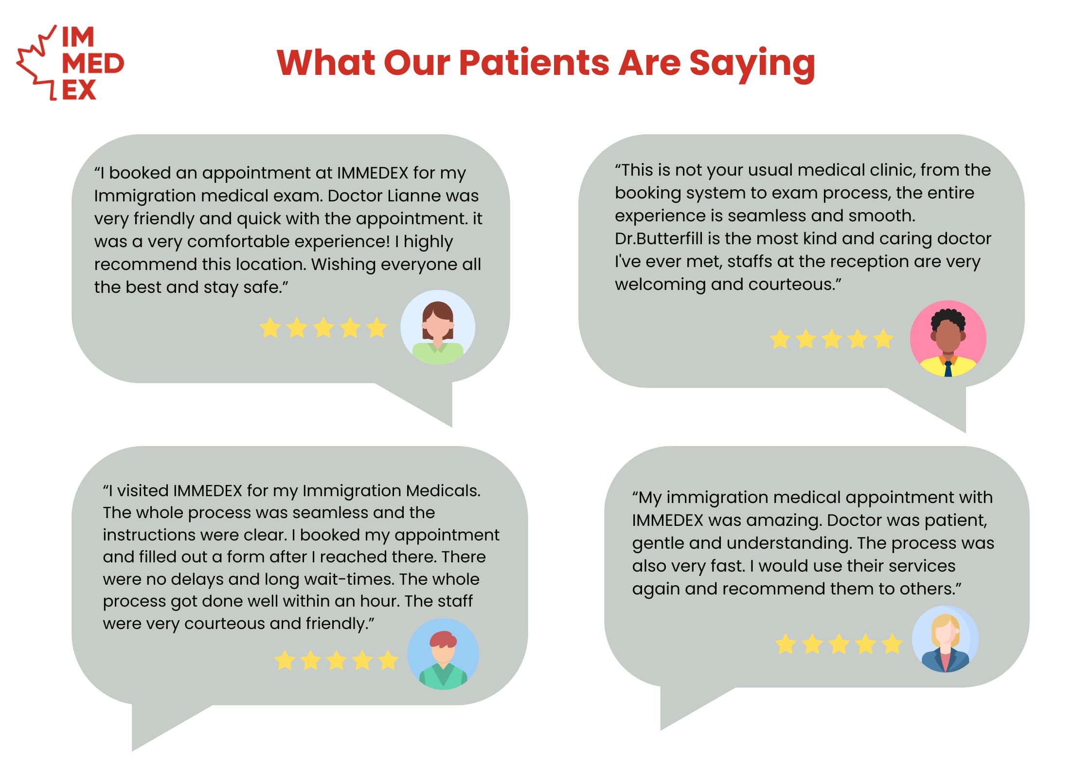An image showing four positive patient testimonials about IMMEDEX, with quotes praising the friendly staff, quick appointments, and seamless, comfortable experience.
