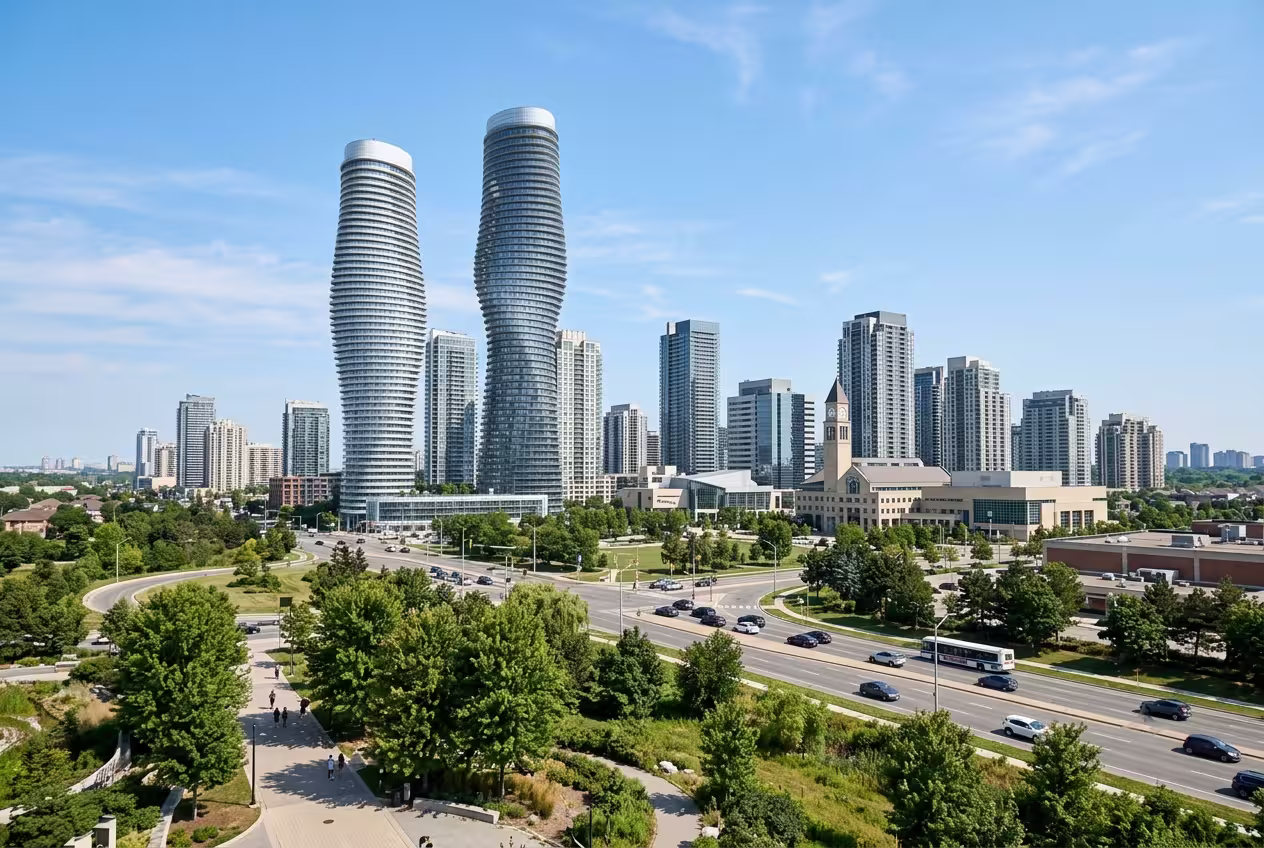 Mississauga skyline including the Absolute World towers — IMMEDEX serves Mississauga residents for IRCC immigration medical exams