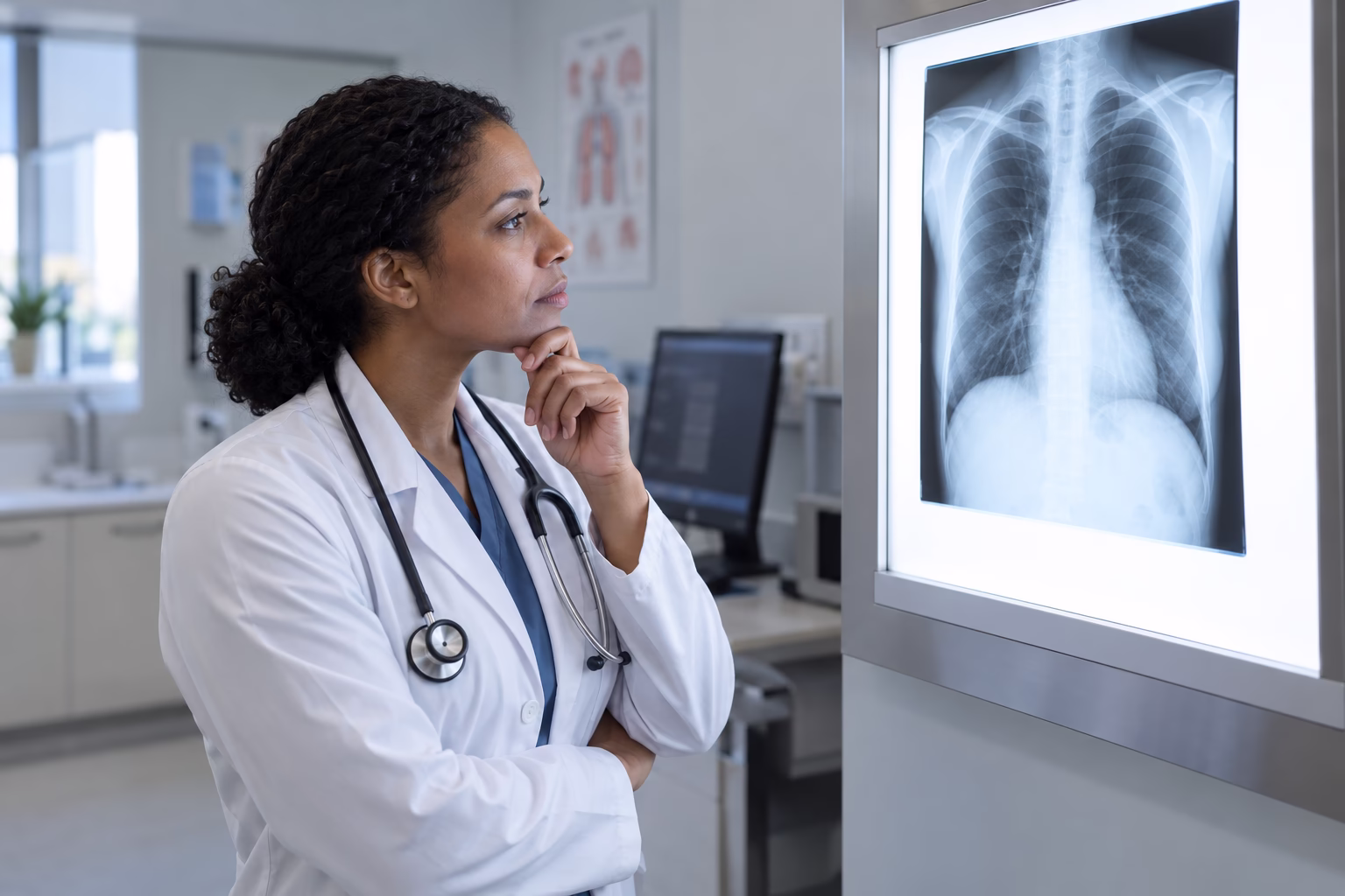 a physician reviewing a chest X-ray on a lightbox in a modern clinical setting.